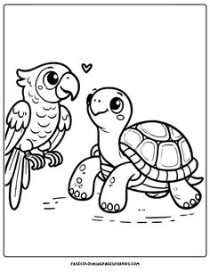 a delightful scene of a parrot and a turtle sharing a moment of friendship