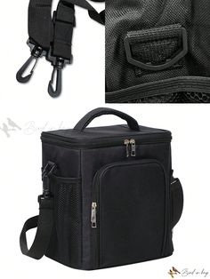 the back side of a black bag with two straps on it and an open zippered pocket