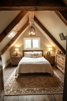 a bed sitting under a window in a bedroom next to a wooden dresser and lamp