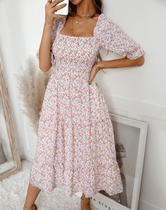 Square Collar Print Dresses for Women Casual Summer Half Sleeve Clong Chiffon Floral Beach Dress Wrap Sundress Bangkok Outfit, Floral Beach Dress, Denim Bodycon Dress, Square Neck Midi Dress, Gathered Neckline, White Tone, Sparkly Dress, Pink Midi Dress, Chiffon Maxi Dress