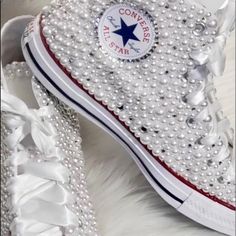 Hi-Top Pearl Chuck Converse Sneaker White Glam Bling Converse All Star Chuck Taylor Sneakers Sizes 7 Thru 11 Http://Blingedsneakers.Com/ Custom Order I Also Do Weddings Custom Rhinestone Chucks In Any Color Email Me For A Quote Ldthomas2011@Gmail.Com Sneaker Ball Shoes, Chuck Taylors Wedding, Bedazzled Converse, Wedding Sneakers For Bride, Chuck Converse, Pearl Outfit, Bling Sneakers, Rhinestone Sneakers, Bridal Converse