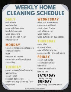 the weekly cleaning schedule is shown