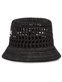 Black raffia logo-embroidered woven bucket hat from PRADA featuring woven raffia design, embroidered logo and dropped wide brim. | Prada Logo-Embroidered Woven Bucket Hat Spring Straw Bucket Hat, Woven Summer Bucket Hat, Woven Bucket Hats For Summer, Casual Woven Bucket Straw Hat, Casual Straw Bucket Sun Hat, Luxury Wide Brim Summer Bucket Hat, Luxury Wide Brim Bucket Hat For Summer, Spring Woven Bucket Hat, Luxury Summer Bucket Hat