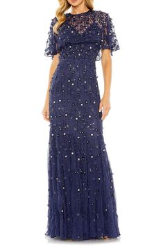 Mac Duggal Beaded Floral Appliqué Tulle Capelet Gown available at #Nordstrom Bride Dress Blue, Dresses With Short Sleeves, Off The Shoulder Dresses, Neutral Dresses, Engagement Party Dresses, Spring Wedding Guest Dress, Trumpet Gown, Bride Groom Dress