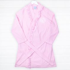 This darling Pink Stripe Women's Robe is a must-have for all moms, perfect for use all year round! Featuring playful ruffle details and an adjustable belt, this cozy robe offers everyday comfort that she'll adore. Made from a soft cotton blend, it's gentle on the skin and ideal for any season. Thoughtfully designed, it makes a heartwarming gift for new moms-to-be. Plus, you can coordinate with your little one's pajamas or baby sleeper for an extra sweet matching moment! Add a monogram to make th Spring Fitted Sleepwear, Fitted Spring Sleepwear For Bedtime, Fitted Sleepwear For Spring Sleepover, Fitted Sleepwear For Bedtime In Spring, Spring Fitted Sleepwear With Ruffles, Spring Fitted Ruffled Sleepwear, Fitted Ruffled Sleepwear For Spring, Fitted Cotton Sleepwear With Ruffles, Fitted Pink Sleepwear For Home