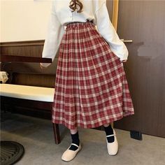 Elastic Waist Solid Plaid Pleated Long Skirts – Nada Outfit Land Winter Cotton School Skirt, Winter School Cotton Skirt, Winter Cotton Plaid Skirt, Winter Plaid Cotton Skirt, Skirts Collection, Long Skirt Winter, Oc Fashion, Red Plaid Skirt, Skirt Diy