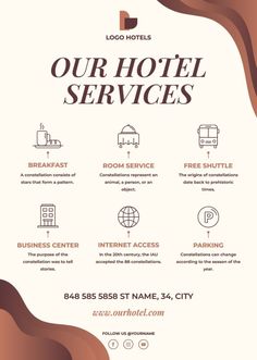 the hotel services flyer is shown in brown and white