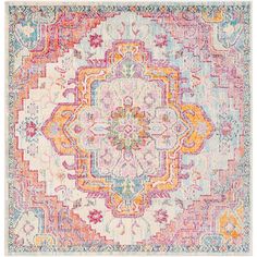 a colorful rug with an ornate design on the top and bottom, in various colors