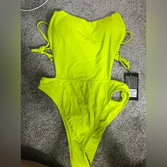 Neon Lime Size L Cheeky Adjustable Straps Side Cutouts Trendy Neon Swimwear For Spring, Trendy Neon Yellow Swimwear For Spring, Trendy Neon Yellow Swimwear, Casual Neon Yellow Swimwear For Spring, Boho Swim, Cutout One Piece, Ruched Swimsuit, Backless Swimsuit, Printed Tankini