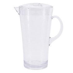 a clear glass pitcher is shown on a white background with the lid down and no handles