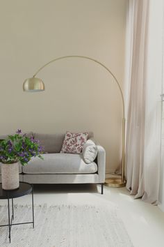 a living room with a gray couch, white rug and large floor lamp in the corner