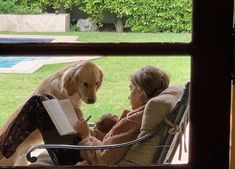 a woman sitting in a chair with a dog on her lap looking out the window