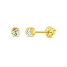 Our bezel set diamond earrings are the sweetest accessory for baby girls. Crafted from high-quality 14k yellow gold, these earrings are safe for sensitive skin. The small 2.5mm diamond at the center of each earring adds just the right amount of sparkle, making them an elegant choice for any occasion. The screw back closure ensures that the earrings stay securely in place, making them a practical choice for active babies and toddlers. These earrings are a timeless and beautiful gift that can be t Bezel Set Diamond Earrings, Toddler Earrings, Bezel Set Earrings, Place Making, Sweet Accessories, Baby Earrings, Thread Earrings, Gold Jewelry Earrings