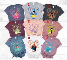 mickey mouse tshirts with numbers on them and the names for each shirt in different colors