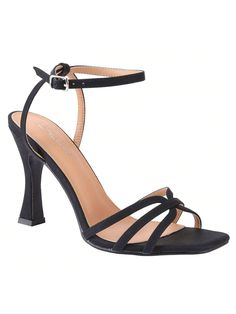 Black  Collar     Embellished   Women Shoes Ankle Strap Sandals Heels, Kitten Heel Sandals, Square Toe Heels, Black Sandals Heels, Heels Sandals, Sandals Black, Fall Style, Heeled Sandals, Womens Heels