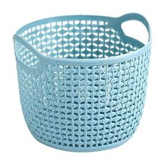 a blue plastic basket with holes on the sides and handles, sitting on a white surface