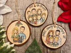 three wooden ornaments with family pictures on them