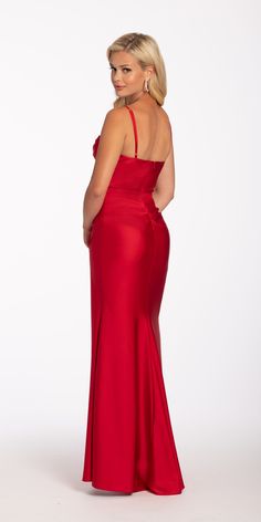 Satin Drape Corset Column Dress with Sweep Train – Camille La Vie Prom 2024, Corset Bodice, Luxurious Fabric, Column Dress, Red Satin, Stand Tall, Luxury Fabrics, Spaghetti Strap, Bodice