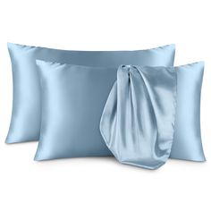 Pamper yourself while you sleep. Our luxuriously soft satin pillowcases are gentle on skin and hair, as well as soothing and cool to the touch. Satin minimizes skin creases and absorbs less moisture than cotton, allowing skin to stay hydrated. Satin weave creates a smooth sheen that is both stylish and cooling. The envelope closure on our satin pillowcase set conceals pillows while preventing them from shifting. Our carefully crafted products are made from non-toxic premium materials in a factor Blue Satin Pillowcase, Silk Pillowcase Aesthetic, Blue Silk Pillowcase, Light Blue Pillows, Preppy Bedroom, Routine Aesthetic, Face Skin Care Routine, Silk Sheets, Satin Pillow