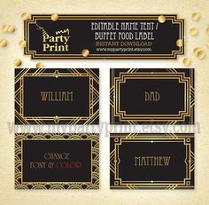 four black and gold business cards with the word,'party print'on them