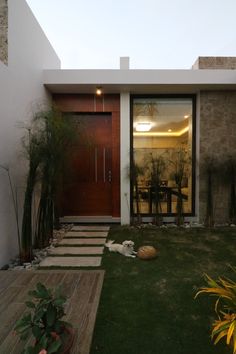 a dog laying on the grass in front of a house with a wooden door and glass windows