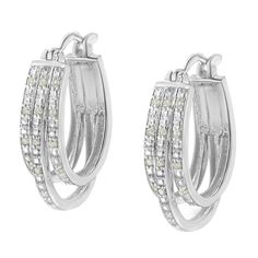 These trendy .925 sterling silver earrings feature a unique design. Two small hoops sit on each side of a larger one. All hoops are inlaid with 1/4ct rose cut, promo quality diamonds. A lever back mechanism keeps the earrings secure. Promo quality diamonds are on the lowest of diamond color and quality scale. Round-cut, promo quality diamonds are milky and cloudy in nature. They have asymmetrical ball shape and are filled with inclusions. Silver Hoop Diamond Earrings, White Sterling Silver Hoop Earrings With Diamond Accents, White Sterling Silver Hoop Earrings For Anniversary, Small Hoop Sterling Silver Earrings In Diamond White, Anniversary White Sterling Silver Hoop Earrings, Sterling Silver Small Hoop Jewelry With Diamond Accents, Sterling Silver Small Hoop Diamond Earrings, White Small Hoop Earrings With Diamond Accents, White Diamond Accented Small Hoop Earrings