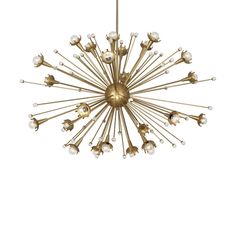 a gold chandelier with white glass balls hanging from it's center point