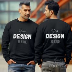 "Handsome Male Mockup featuring 2 men front and back view for Gildan 18000 Black Sweater. This sweatshirt mock is a simple image that is easy to use with Canva, Photoshop, Photopea etc. to make a perfect mockup for your print on demand design. ♥ Our Mockups are designed to perfectly fit Etsy's new square listing image size. --------------------- ♥ Get access to all our current and future mockups in the \"FRONT & BACK COLLECTION\" category: https://www.etsy.com/listing/1583196947/front-back-mockup-bundle-lifetime-access?click_key=4506c231613390bd0f805d773e4a82c032789d7a%3A1583196947&click_sum=d33ef5ad&ref=shop_home_active_2&pro=1 --------------------- ♥ We specialize in unique settings and product colors. If you like our mockups, do not forget to follow our shop to be informed about our new Black Branded Crew Sweatshirt, Black Crew Sweatshirt With Branding, Black Branded Long Sleeve Sweater, Black Relaxed Fit Sweatshirt With Branding, Black Long Sleeve Sweater With Branding, Customizable Black Sweatshirt For Streetwear, Customizable Black Crew Sweatshirt, Customizable Black Casual Sweatshirt, Black Crew Neck Sweatshirt With Branding