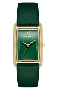 A minimalist dial adds streamlined elegance to a slim rectangular watch set on a rich leather strap for luxe appeal. 23mm case; 18mm band width Buckle closure Quartz movement Stainless steel or stainless steel with goldtone plate/leather Imported Burton Women, Olivia Burton, Wallet Accessories, Green Leather, Forest Green, Quartz Watch, Quartz Movement, Handbags On Sale, Stainless Steel Bracelet