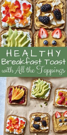 healthy breakfast toasts with all the toppings on them are ready to be eaten