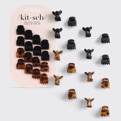 an assortment of hair clips in the shape of animals on a white background with text that reads kit - sch