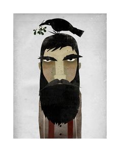 a bird sitting on top of a man's head with a beard and mustache