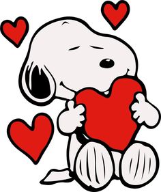 a snoopy holding a heart with hearts around it