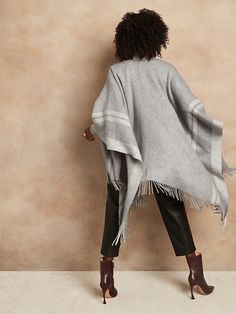 Cozy Winter Poncho With Fringe, Cozy Wool Poncho For Layering, Fringe Trim, Lovely Print, Kimonos, Banana Republic, Wool Blend, At Home, Twist