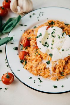 a white plate topped with pasta and sour cream on top of tomato sauce next to garlic