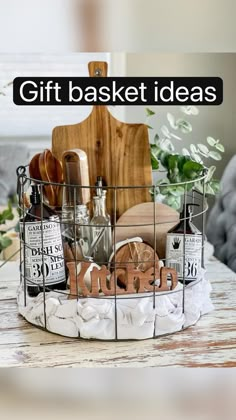 a basket filled with kitchen items sitting on top of a wooden table