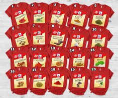 a bunch of red shirts that have different types of food on them and numbers in each