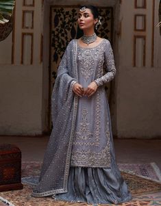 Grey Pakistani Wedding Dress in Kameez Sharara Style Faiza Saqlain, Pakistani Sharara, Pakistani Formal Dresses, Desi Wedding Dresses, Raw Silk Fabric, Pakistani Wedding Dress, Silk Bottoms, Amritsar, Grey Dress