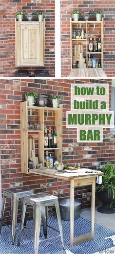 an outdoor bar made out of pallets and wooden crates, with the words how to build a murphy bar on it