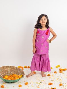 Girls Lilac Chanderi Embroidered Sharara Set (Set of 2) By Mr Brat now available at Trendroots Anarkali Pant Set With Dori Work For Eid, Embroidered Cotton Sharara For Diwali, Cotton Embroidered Sharara For Diwali, Embroidered Cotton Sharara For Eid, Festive Embroidered Cotton Sharara, Embroidered Cotton Sharara For Festivals, Embroidered Cotton Sharara For Navratri, Navratri Embroidered Cotton Sharara, Festive Cotton Sharara With Pallu