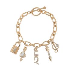 PRICES MAY VARY. Eye-catching Design: This Juicy Couture Goldtone Toggle Charm Bracelet is a perfect addition to your jewelry collection with its unique and captivating design. High-Quality Material: Made with high-quality metal alloy, this bracelet is durable and long-lasting. Perfect Gift: It makes a perfect gift for your loved ones or for yourself on any occasion such as birthdays, anniversaries, and holidays. Length: 7.5" Trendy Metal Chain Bracelet With Charms, Trendy Metal Charm Bracelet With Lobster Clasp, Trendy Bracelet With Toggle Clasp, Trendy Toggle Clasp Bracelet, Metal Charm Bracelet With Toggle Clasp, Toggle Bracelet, Lock And Key, Fragrance Collection, Bracelet For Women