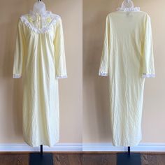 Vintage 70’s 80’s Cozy Nightgown Cottagecore Ilgwu Nwt Country Demure Features High Ruffle Lace Neck With Yellow Ribbon Tie, Lace Yoke With Yellow Floral Appliqu Embroidery, Ribbon And Lace Trim On Sleeves, Nylon Interior Lining, New With Tags Brand: Shannon Lee Size- Medium Measurements: Pit To Pit- 21 Inches Bust- 22 Inches Waist- 23 Inches Length From Top To Bottom- 52 Inches Material- 80% Acetate 20% Nylon Spring Yellow Nightgown For Loungewear, Retro Sleepwear With Lace Trim For Bedtime, Shannon Lee, Embroidery Ribbon, Lace Neck, Yellow Ribbon, Ribbon Tie, Vintage Yellow, Yellow Floral