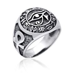 925 Sterling Silver Egypt Egyptian Hieroglyphs Eye of Horus Udjat Ankh Ring - US 9 Eye Of Horus Ring Silver, Symbolic Etched Signet Ring, Symbolic Ankh Ring As A Gift, Symbolic Ankh Rings For Gifts, Symbolic Signet Ring As Gift, Symbolic Nickel-free Engraved Ring Gift, Symbolic Engraved Nickel-free Ring As Gift, Ankh Ring, Egyptian Hieroglyphs