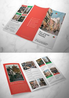 an open tri fold brochure is shown on top of a marble surface with red accents