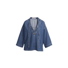 Valentino Garavani denim tunic top with a V hardware logo and scarf neck V neckline Three-quarter sleeves Relaxed fit Side slits Back yoke; box pleat Pullover style Cotton/lyocell Made in Italy Chic Denim Blue V-neck Top, Indigo V-neck Top For Spring, Valentino Scarf, Denim Tunic, Hardware Logo, Scarf Neck, Silk Tunic, Denim Details, V Neckline