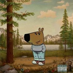 a cartoon dog standing in the middle of a forest