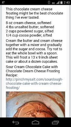 the recipe for chocolate cream cheesecake is shown in this screenshoter screen shot