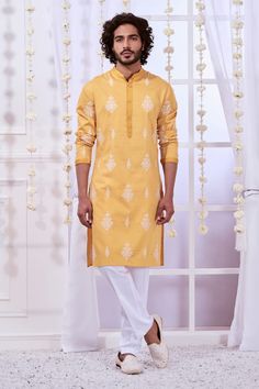 Yellow straight kurta with tonal floral embroidered buttas. Comes with solid pyjama. - Aza Fashions Pajama Pattern, Kurta Set For Men, Yellow Silk, Straight Kurta, Kurta Set, Embroidered Silk, Aza Fashion, Types Of Sleeves, Pajamas