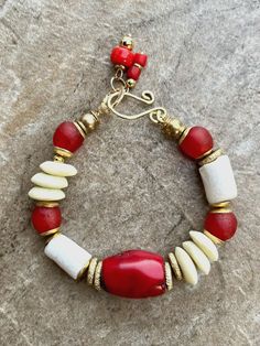 Bohemian Chic Bracelet Red Coral, African Tribal Brass and Trade Recycled Glass Red Bead Bracelet, African Trade Bead Jewelry, African Beaded Bracelets, Bohemian Chic Jewelry, Red Coral Jewellery, Bo Ho, Red Bamboo, Boho Chic Bracelets, Bamboo Coral