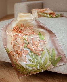 This brown and flowers silk scarf in unique gift for her! ANOLI Design hand painted silk scarves are an outstanding and unique gift for those who want to stand out from the gray mass! Our designs are characterized by a unique symbiosis of a beautiful and modern lifestyle. Anoli Design products are like a sensual embodiment of lightness, beauty and ultimate comfort, with which you enjoy timeless luxury  intertwined with the best emotions and unique memories. The world is oversaturated with short- Paint Designs For Suits, Scarves Store, Designer Silk Scarf, Handpainted Silk Scarves, Silk Scarf Design, Fabric Painting On Clothes, Designer Silk Scarves, Hand Painted Scarves, Hand Painted Fabric